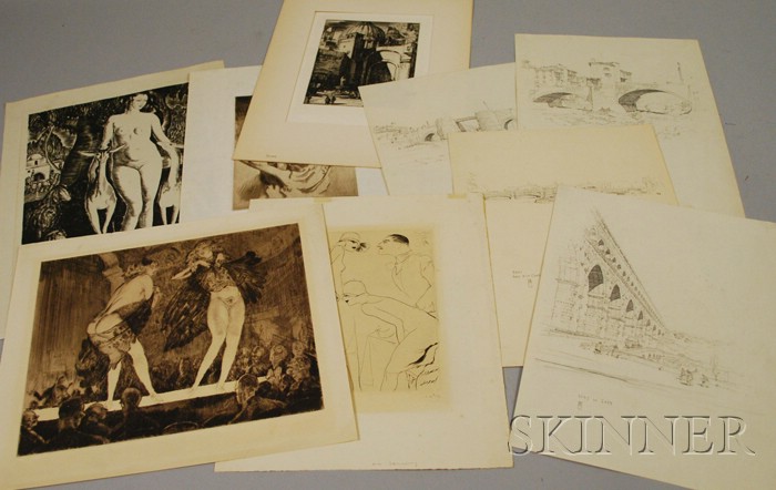 Appraisal: Lot of Nine Unframed Works on Paper including etchings by