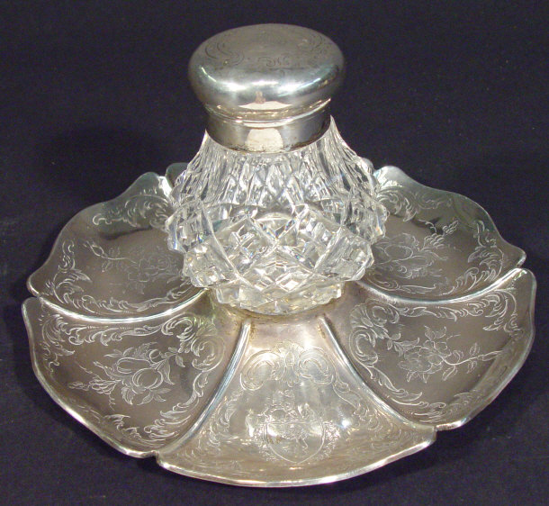 Appraisal: Victorian silver topped cut glass inkwell on a fluted stand