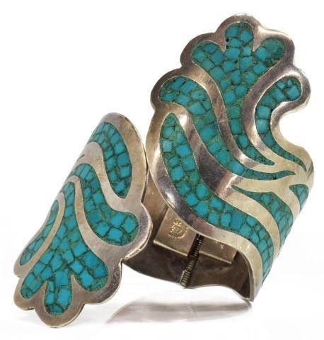 Appraisal: Sterling silver hinged clamper cuff bracelet Mexico with turquoise mosaic