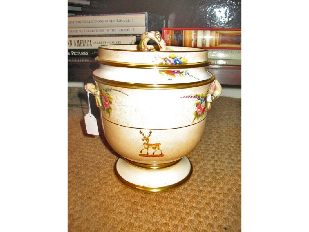 Appraisal: A PAIR OF SPODE URNS AND COVERS each with moulded