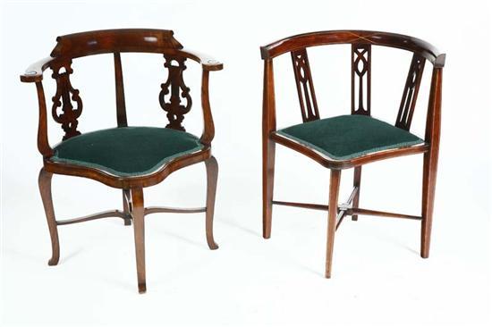 Appraisal: TWO SIMILAR CORNER CHAIRS Both mahogany with dark green upholstery