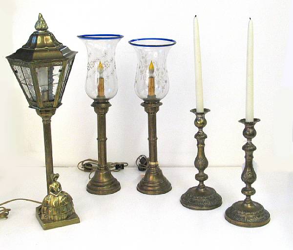 Appraisal: An assembled grouping of brass lighting th early th century