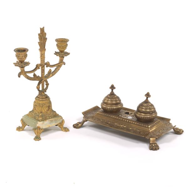 Appraisal: EMPIRE STYLE GILT BRONZE STANDISH AND TWO-LIGHT CANDELABRA Including a