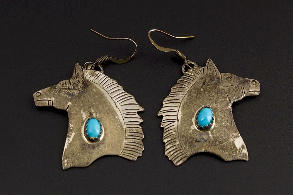 Appraisal: Turquoise Horse Earrings Sterling Silver and Turquoise Horse Earrings by