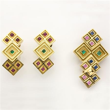 Appraisal: Gold and Colored Stone Clip-Brooch and Pair of Earclips Estimate