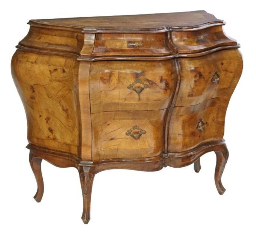 Appraisal: Venetian patchwork bombe commode th c having shaped top over