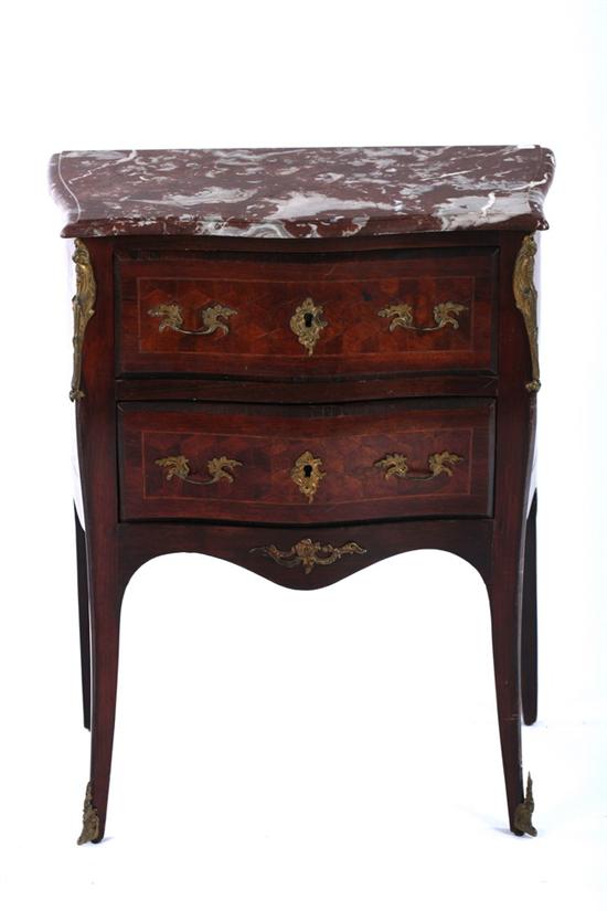 Appraisal: LOUIS XV STYLE PARQUETRY INLAID MARBLE-TOP PETITE COMMODE th century