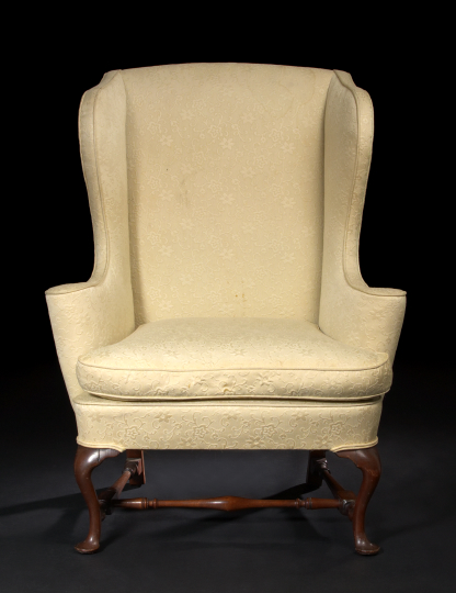 Appraisal: American Colonial Upholstered Mahogany and Cherry Wing Chair th century