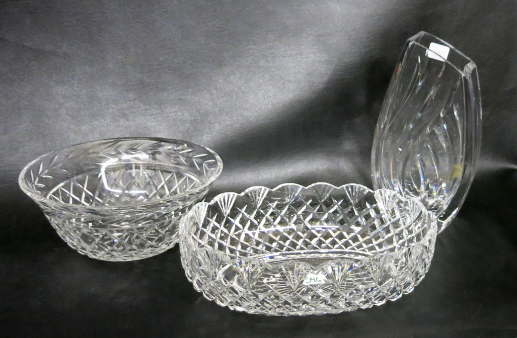 Appraisal: THREE WATERFORD CRYSTAL VESSELS including a flower vase H an