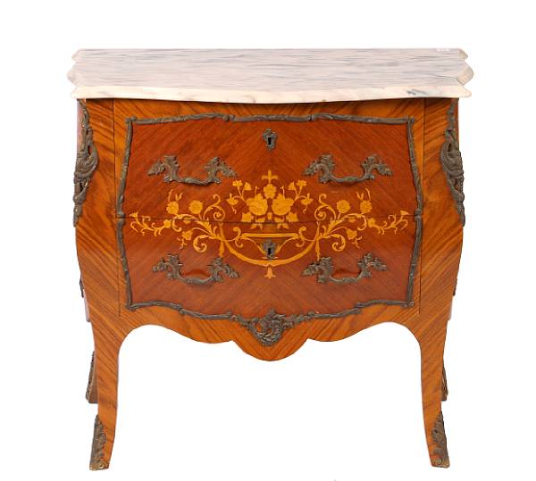 Appraisal: A Louis XV style marble topped kingwood and satinwood commode