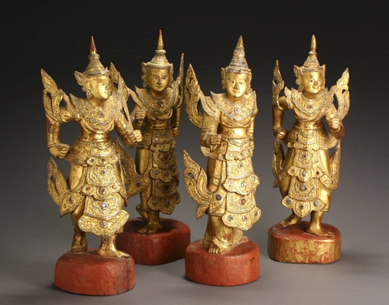 Appraisal: Set of Four Burmese Colored Sequin Inlaid Giltwood Temple Guardians