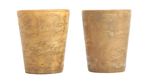 Appraisal: A pair of carved horn fox hunting beakers Of tapering