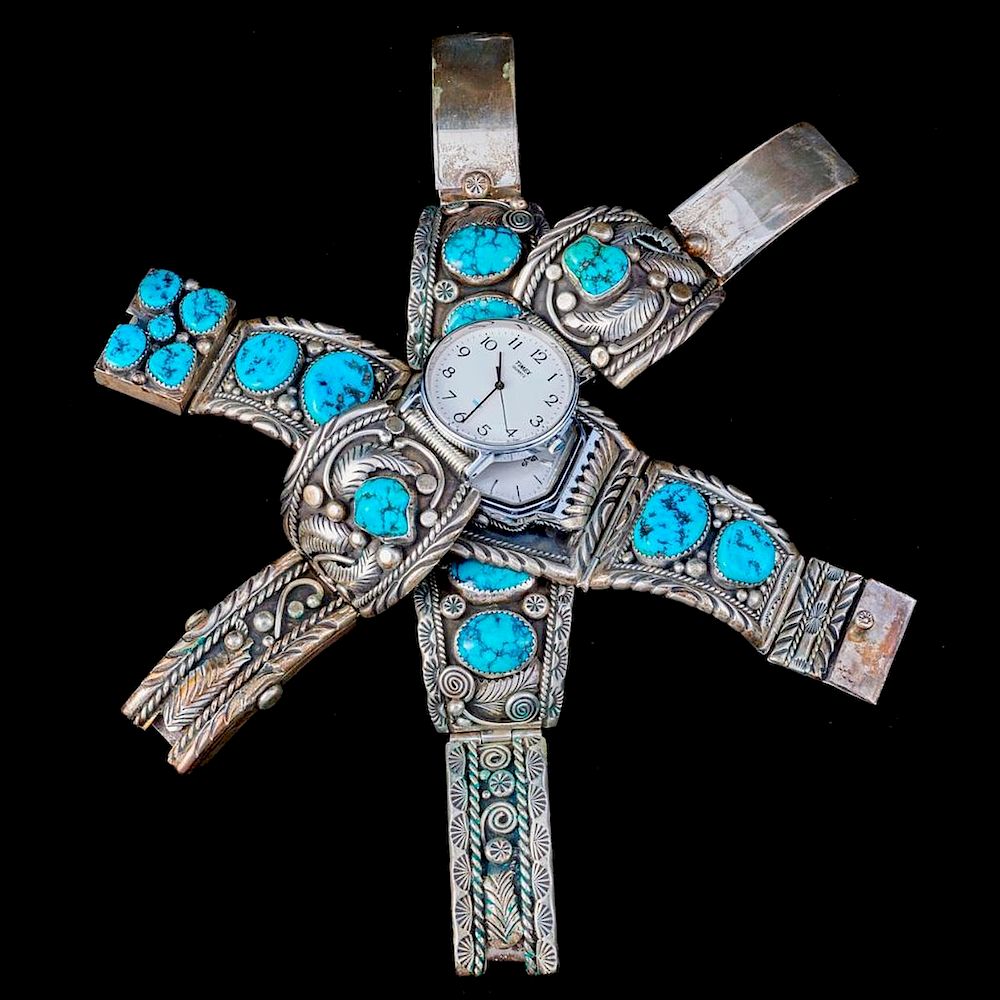 Appraisal: NAVAJO WATCH BANDS Three Vintage old pawn Southwest turquoise and