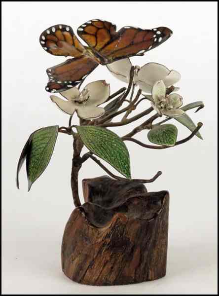 Appraisal: BRUMM ENAMEL AND WOOD SCULPTURE Depicting a butterfly within blooming