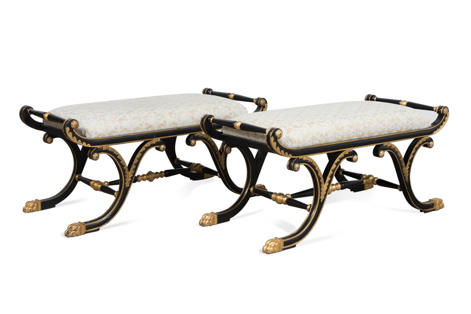 Appraisal: PR REGENCY STYLE EBONIZED X WINDOW BENCHES Pair of English