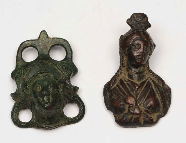 Appraisal: TWO ANCIENT PERHAPS ROMAN BRONZE FITMENTS in the form of