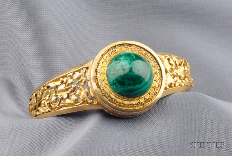 Appraisal: Antique kt Gold and Malachite Bracelet the hinged bangle centering