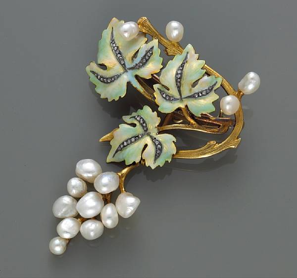 Appraisal: An enamel diamond and pearl brooch in the form grapes