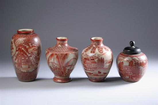 Appraisal: FOUR JAPANESE KUTANI EARTHENWARE VASES Meiji period Each with riverscape