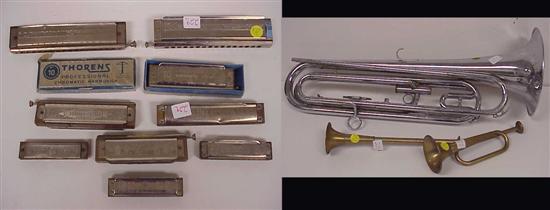 Appraisal: Musical instruments including silvertone Getzen trombone missing pieces ten harmonicas