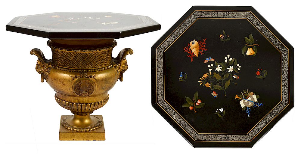 Appraisal: Pietra Dura Table on Signed Bronze Base Pietra Dura octagonal