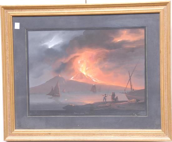 Appraisal: C GOUACHE Dipicting a volcano with boats and figures x