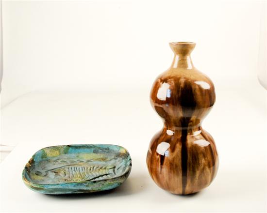 Appraisal: Two Studio Pottery Pieces one earthenware gourd-shaped vase in rich