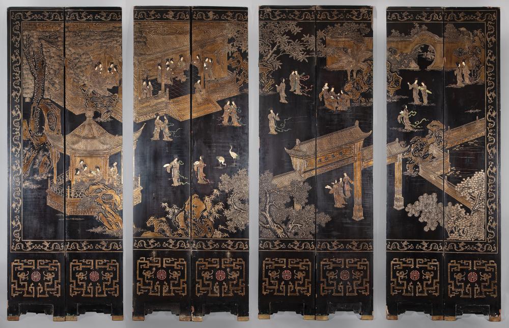 Appraisal: Chinese Carved and Painted Lacquer Eight Panel Screen front with