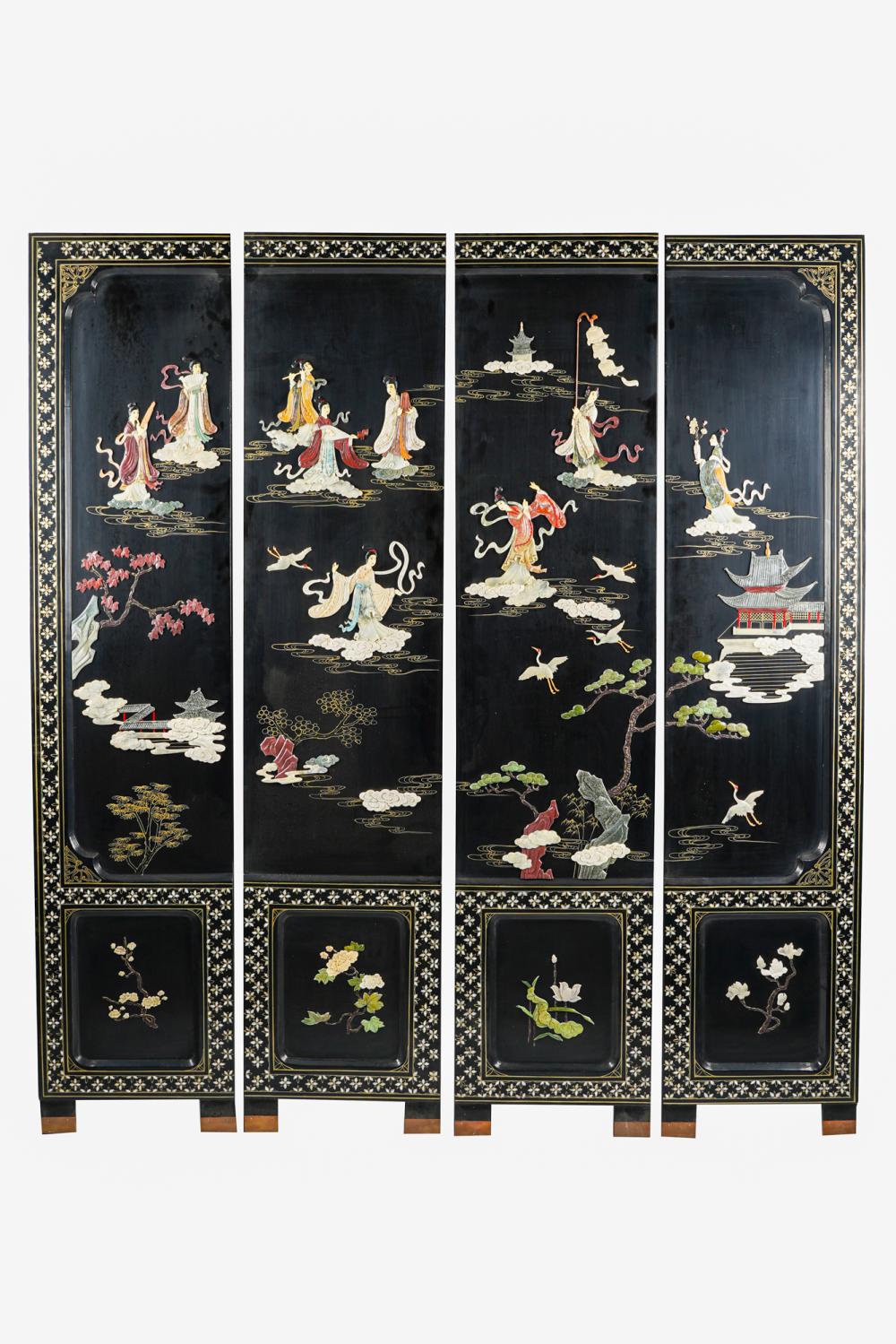 Appraisal: CHINESE FOUR PANEL INLAID SCREENwith inlaid stone decoration each panel