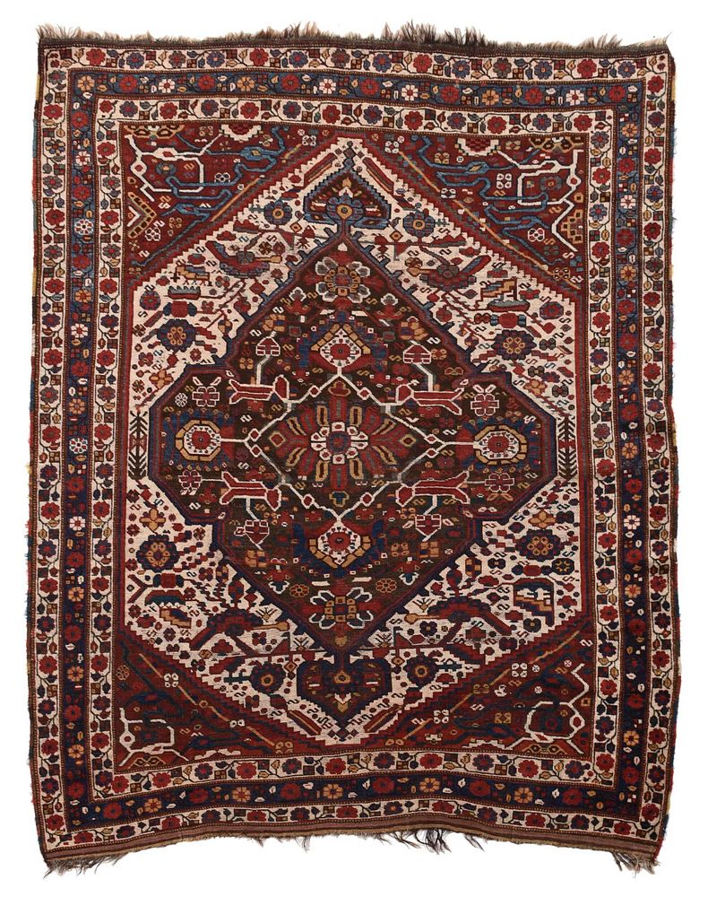 Appraisal: Shiraz Rug early th century large central medallion on brown