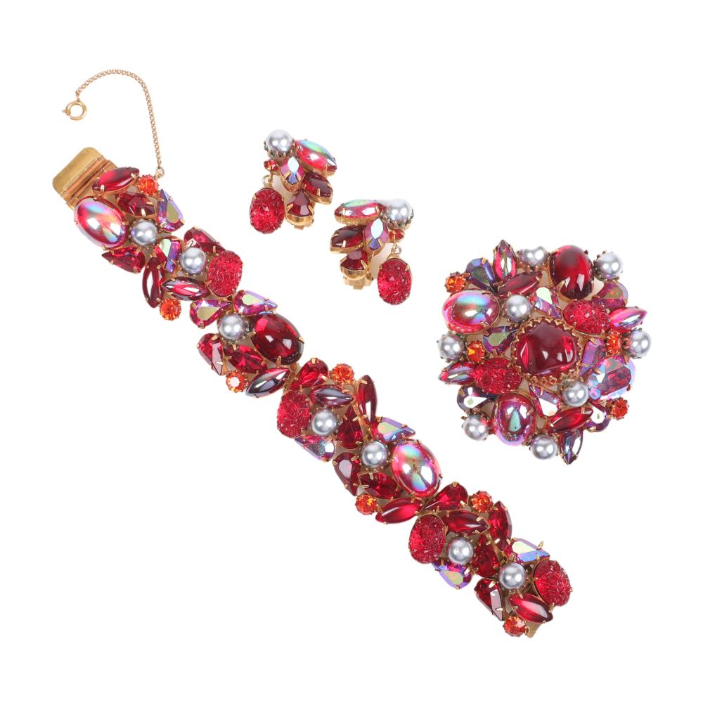 Appraisal: Kramer iridescent AB red multi glass jewel encrusted parure with