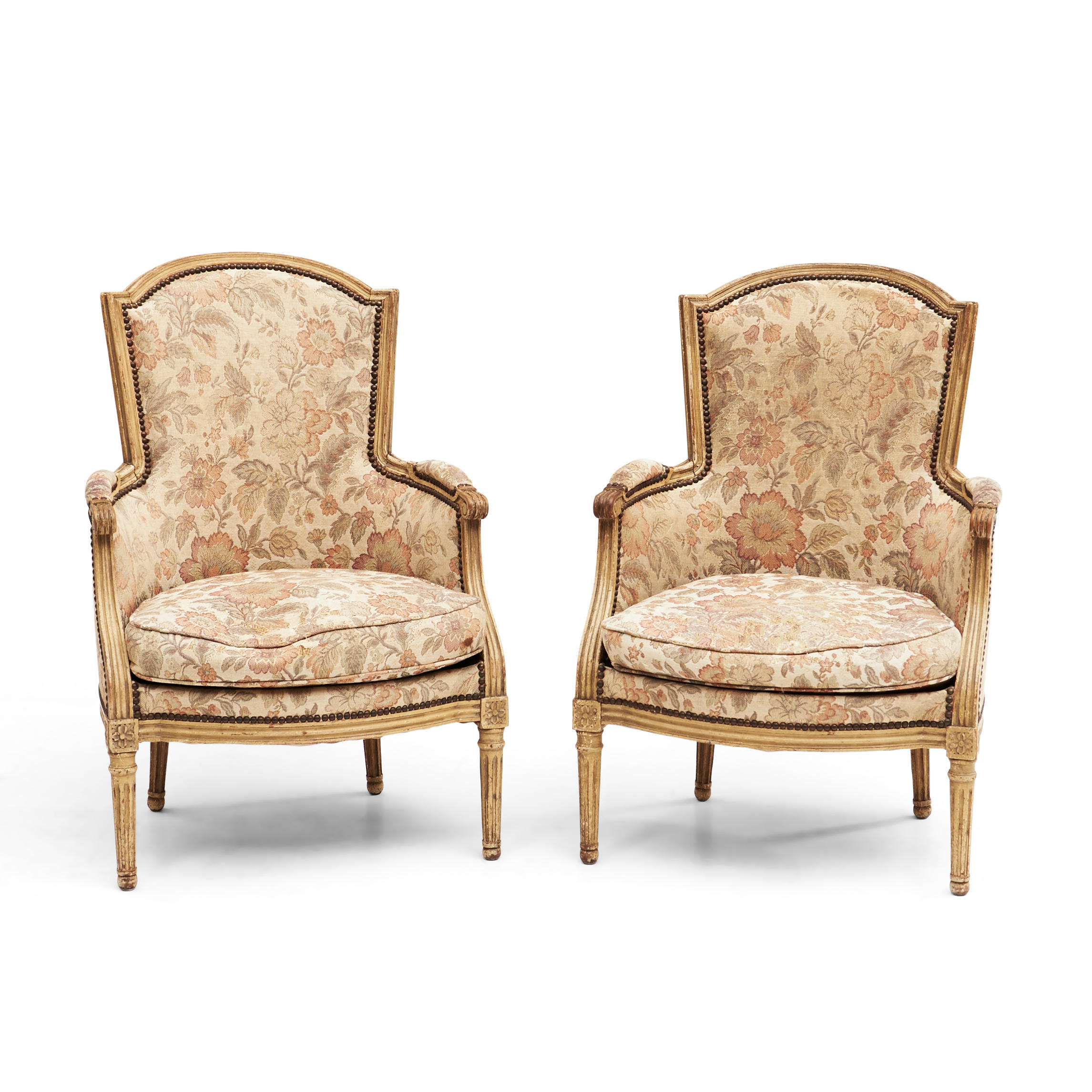 Appraisal: PAIR OF LOUIS XVI-STYLE BERGERES with painted carved frame and