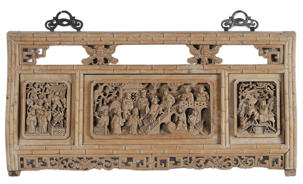 Appraisal: Relief-Carved Architectural Panel Chinese architectural or furniture panel in mixed