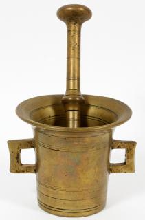 Appraisal: BRASS MORTAR AND PESTLE TH C PIECES BRASS MORTAR AND