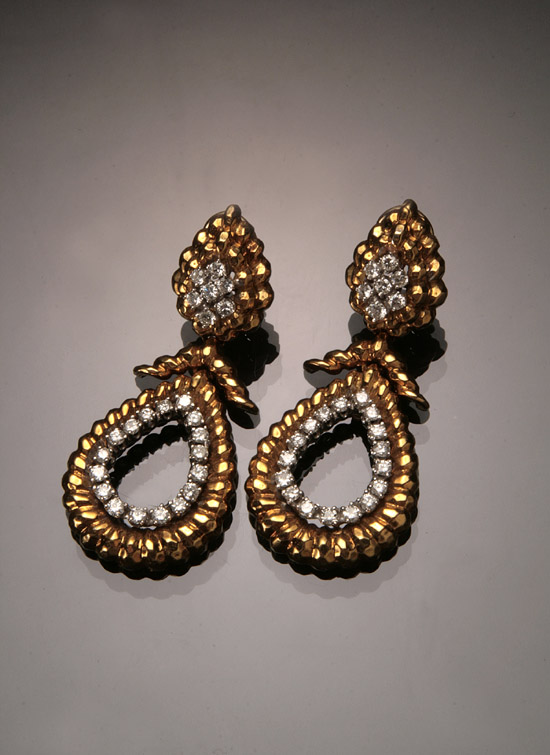 Appraisal: Pair of -Karat Yellow-Gold White-Gold and Diamond Pendant Ear Clips