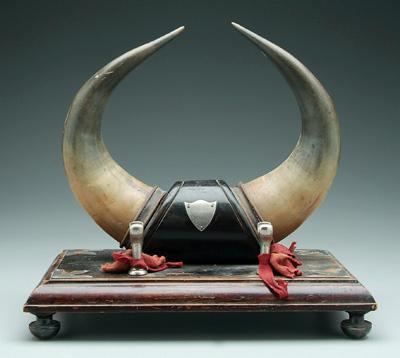 Appraisal: Horn sword stand horns mounted on wooden stand chrome sword