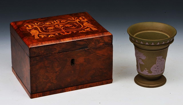 Appraisal: A VICTORIAN WALNUT AND MARQUETRY INLAID TEA CADDY with hinged