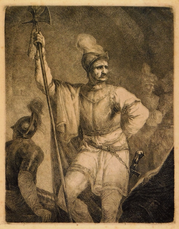 Appraisal: C EUROPEAN SOLDIER STANDING GUARD ETCHING Europe th CenturyRealistic depiction