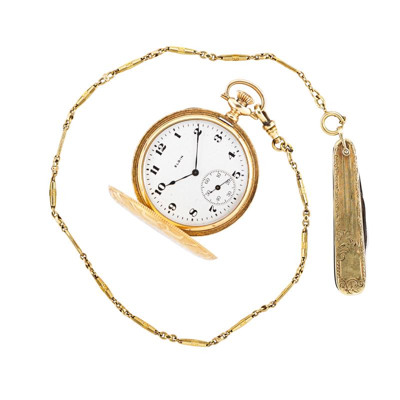 Appraisal: ELGIN K GOLD HUNT CASE POCKET WATCH Four bodied stem