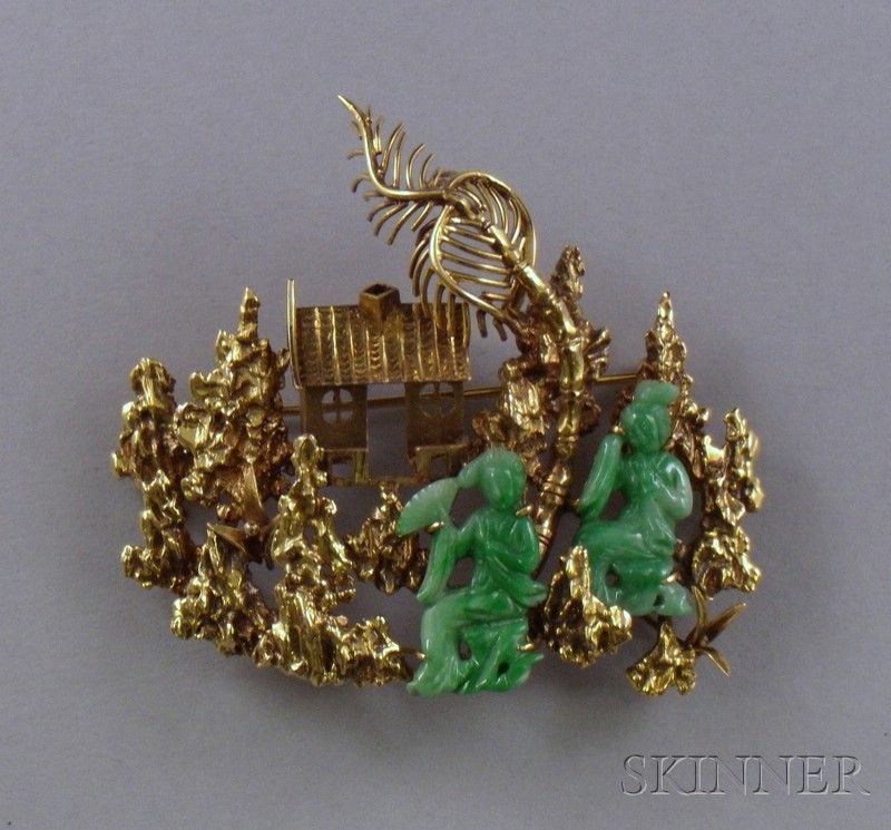 Appraisal: kt Gold and Jade Scenic Brooch wd in dwt