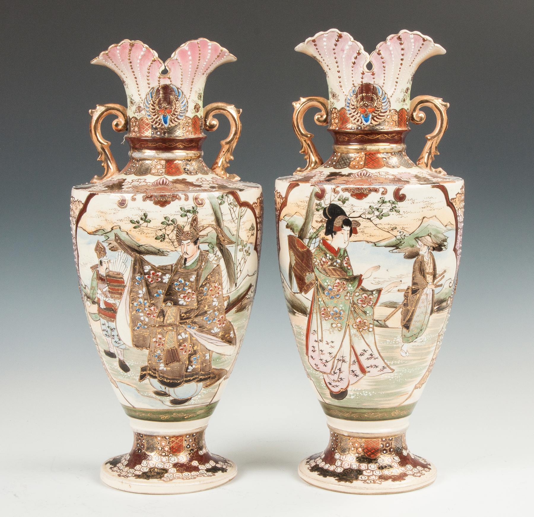 Appraisal: A Pair of Japanese Double Handled Satsuma Vases Sgn th