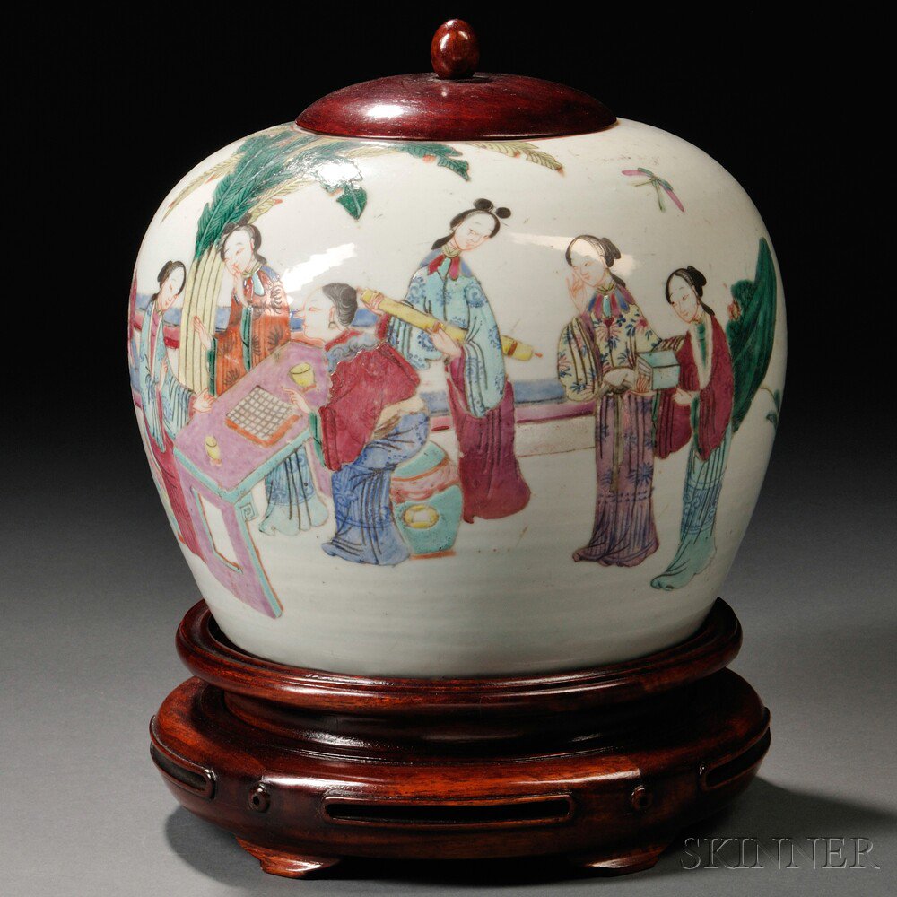 Appraisal: Famille Rose Ginger Jar with Wood Cover China th th