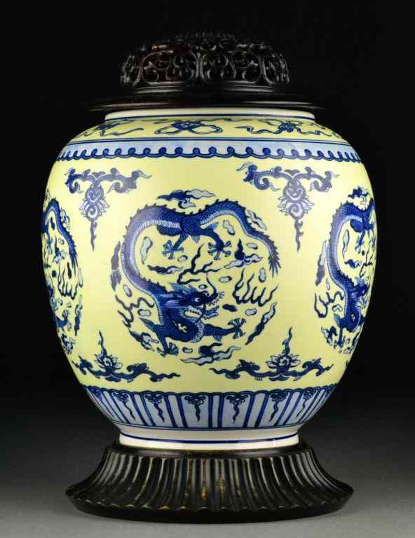 Appraisal: Chinese Qing Ming Style Blue Yellow Porcelain JaDepicting dragons and