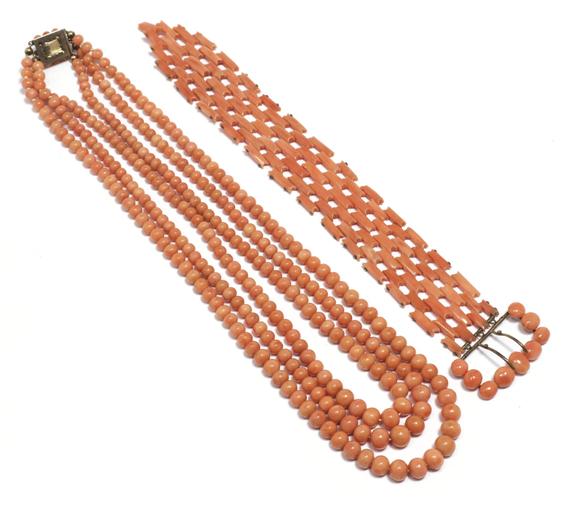 Appraisal: A th C CORAL NECKLACE AND BRACELET Pink gold necklace