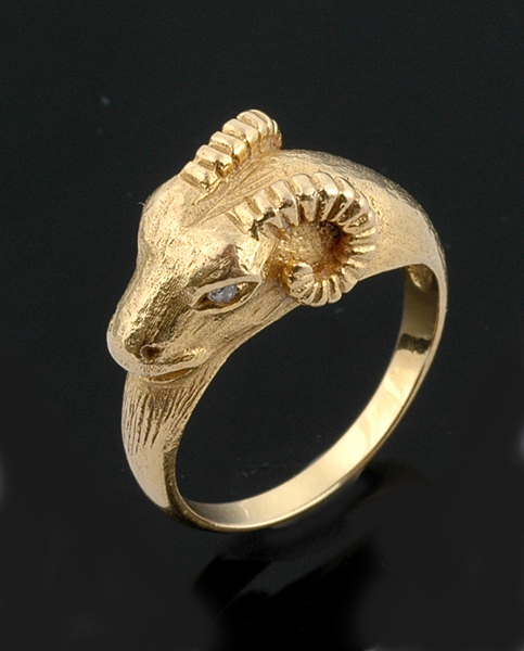 Appraisal: A gold and diamond ring Modelled as a rams head