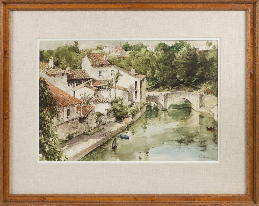 Appraisal: JACK LESTRADE CALIFORNIA FRANCE B RIVER SCENE WITH HOUSES AND