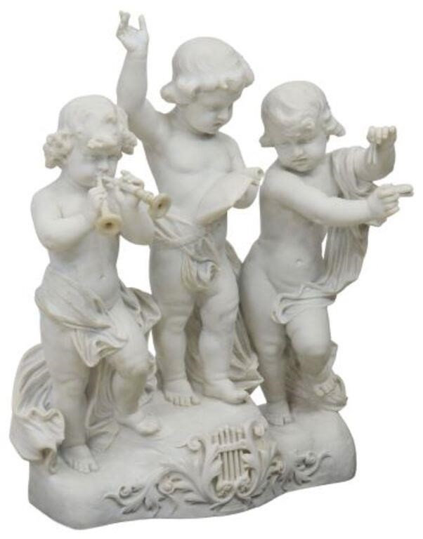 Appraisal: Carved Carrara marble sculpture Putti Musicians a central putto holding