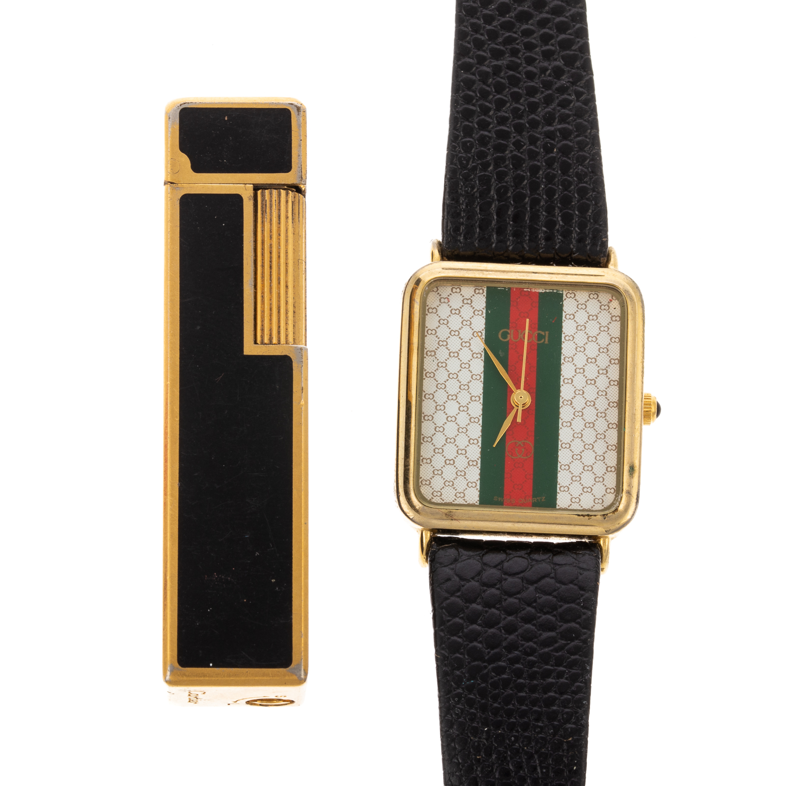 Appraisal: A GUCCI WATCH CARTIER LIGHTER Gold plated Gucci watch with