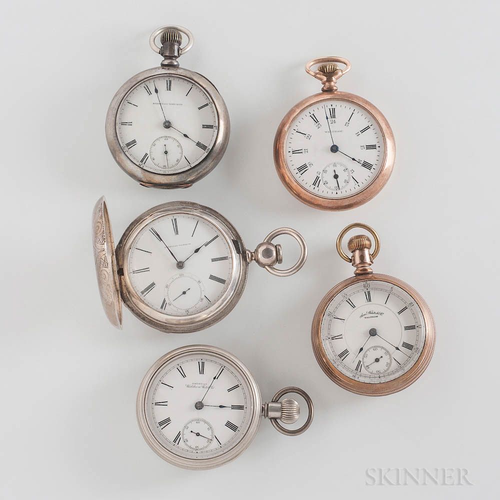 Appraisal: Five Size Waltham Pocket Watches Five Size Waltham Pocket Watches