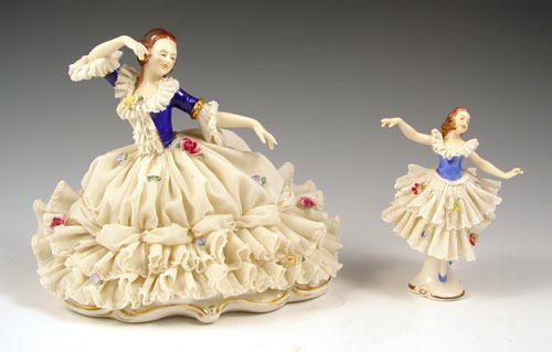 Appraisal: DRESDEN LACY FIGURINES The larger is Muller Dresden ''h x